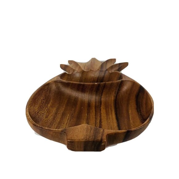 Acacia Wooden Pineapple Serving Dish 2 Section Tray VTG Tropical Kitchen Decor - Picture 4 of 13